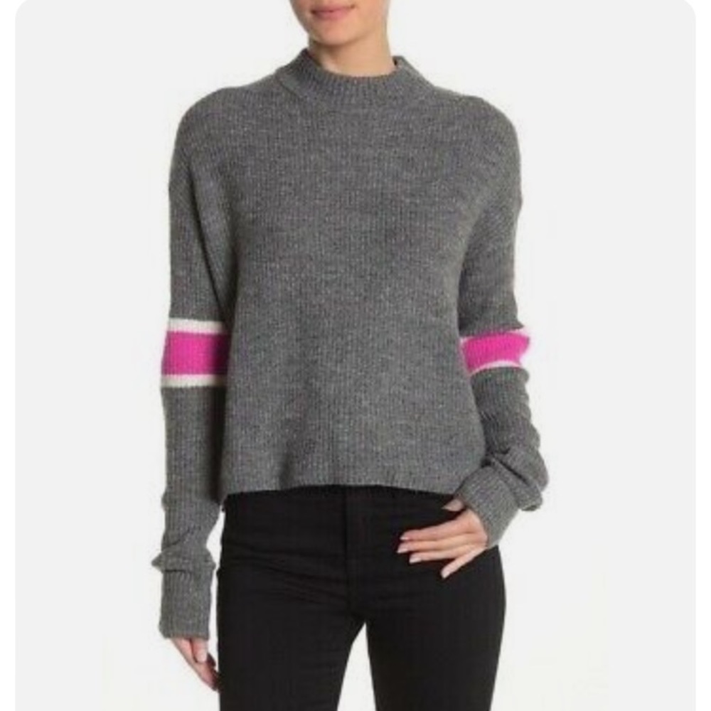 JOHN + JENN Varsity Sleeve Stripe Mock Neck Pullover Sweater